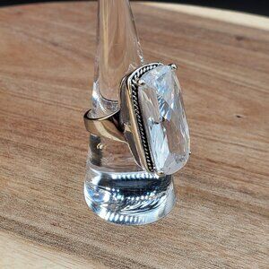 Vintage Silver-tone Cushion Cut Faceted Crystal Quartz Ring, Size 7.5